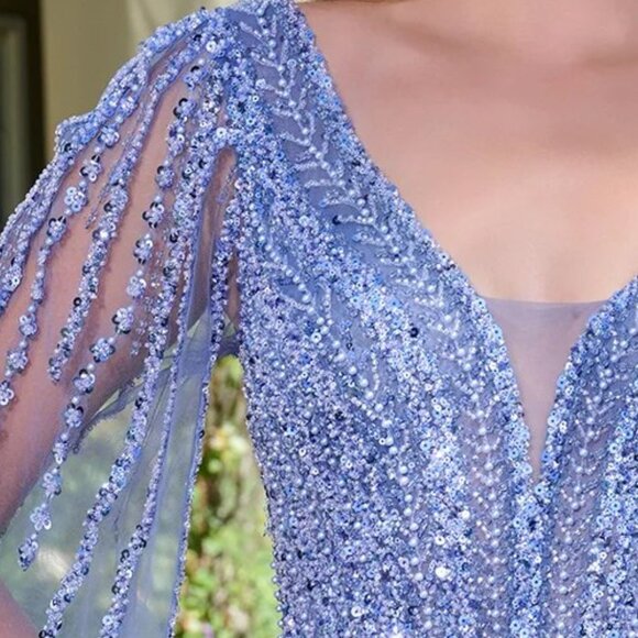 New Smoky Blue Beaded Maxi Mother Of Bride Mesh Gown w/ Cape Sleeves GL3833 - Picture 6 of 13